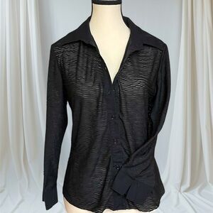 Sheer Black Layering Button-down Blouse with wavy Texture.